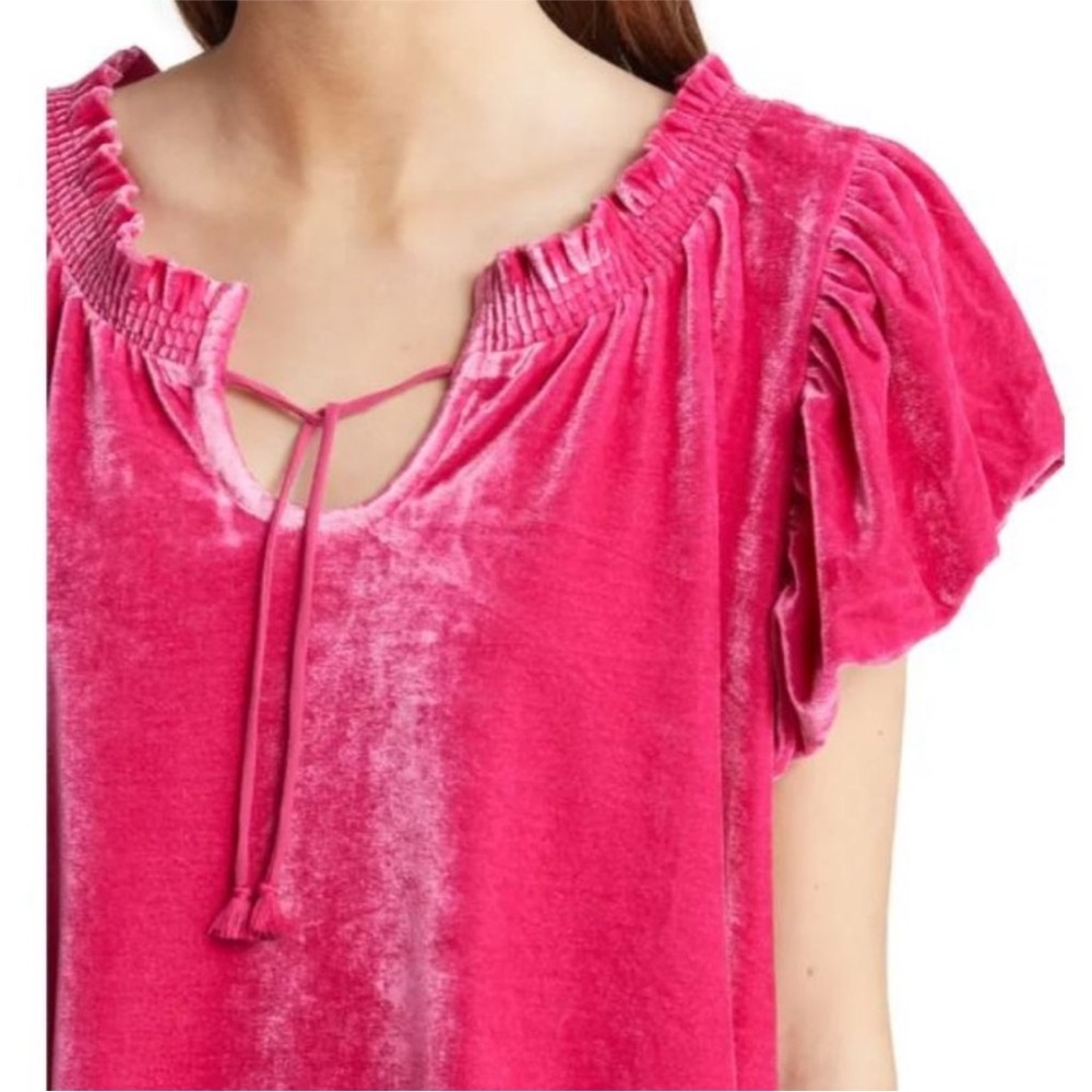 Free People Fuchsia Crop Top Terese Velvet Shorts Puff Sleeve Keyhole Tie Neck - Picture 9 of 16